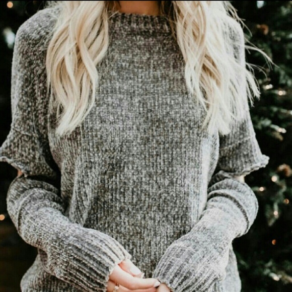 Open Elbow Super Soft Chenille Gray Womens Sweater - Picture 3 of 8